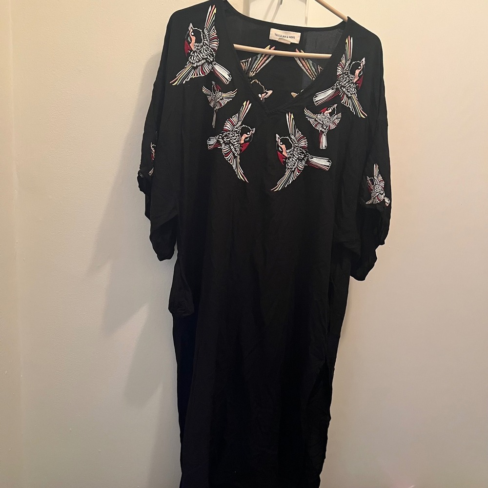 Tallulah & Hope Embroidered Bird Dress Small Viscose Black Colorful Pockets